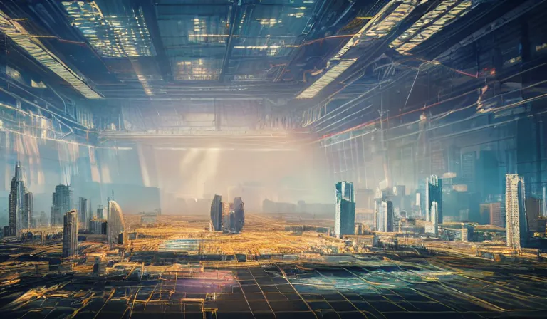 Image similar to group of people in simple warehouse, looking at hologram of futuristic city on a table, cinematic concept art, godrays, golden hour, natural sunlight, 4 k, clear details, tabletop model buildings, center model buildings, hologram center, crane shot, crane shot, crane shot