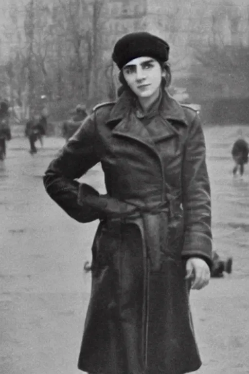 Prompt: photograph of soviet chekist comrade emma watson, standing in a long leather coat, vintage revolution photograph, famous photo from kgb archives