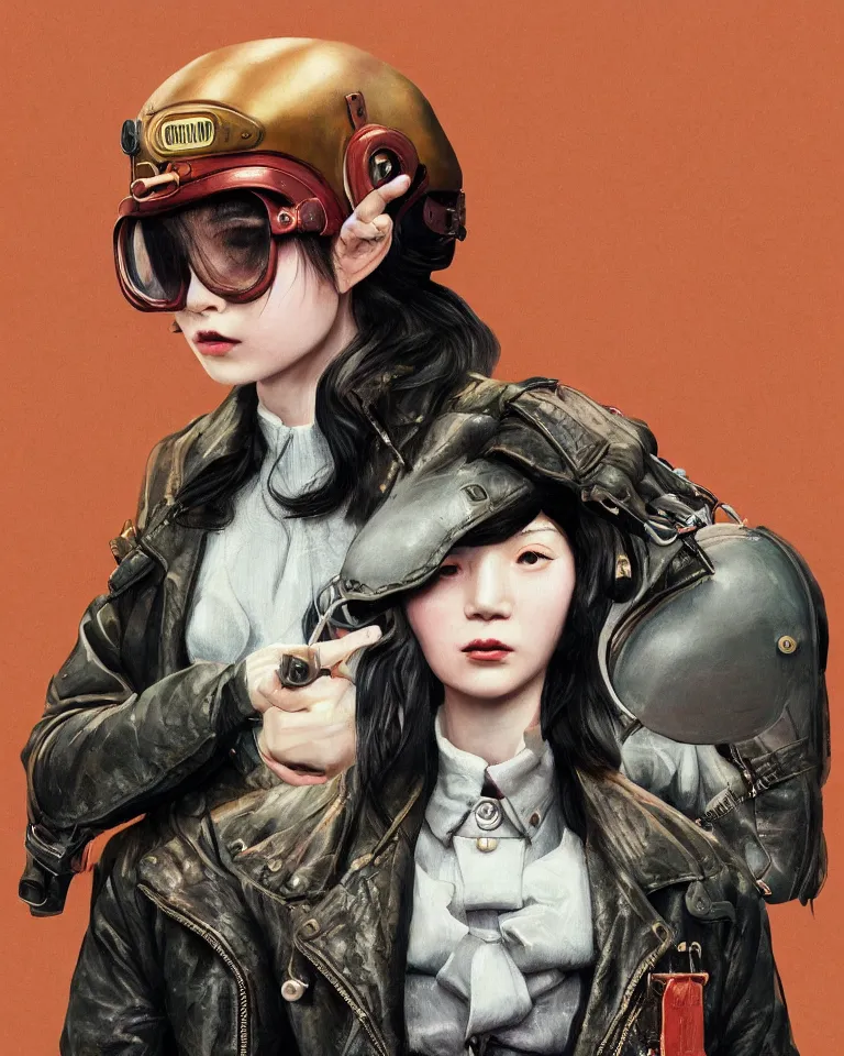 Image similar to highly detailed portrait of androgynous girl wearing bakelite leather jacket, bakelite rocky mountains, japanese haunted forest, by hsiao - ron cheng and artgerm, modular synthesizer helmet backpack, the grand budapest hotel, glow, no crop, digital art, artstation, pop art