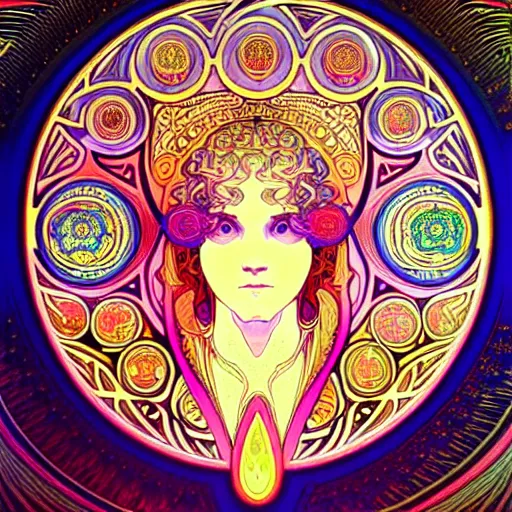 Image similar to psychedelic sacred geometry, intricate, sophisticated, ultra realistic, incredibly detailed, diagram, illustration, trending on artstation, art by alphonse mucha