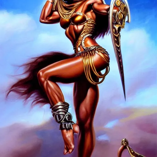 Image similar to detailed oil painting of tall hyper - muscular shining bronze - skinned warrior woman with silver eyes, wearing xena armor, full body, with long wavy flowing black hair and big gold earrings, jewelry, red lipstick, makeup, feminine, volumetric lighting, dynamic composition, art by boris vallejo, heavy metal magazine