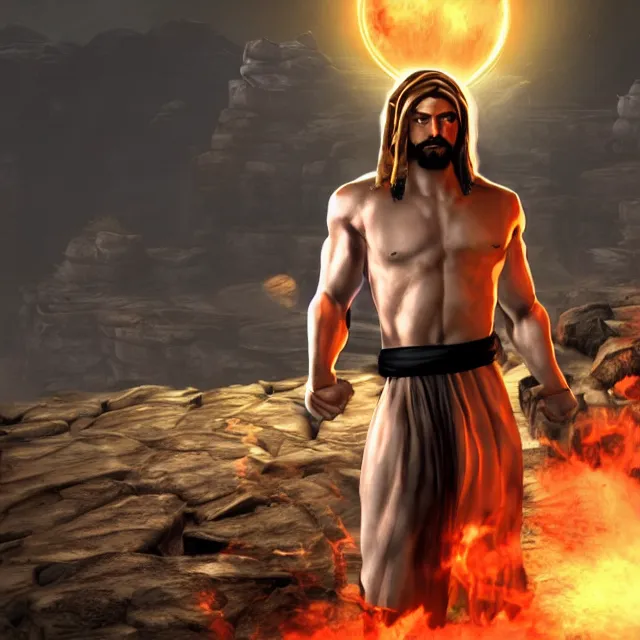 Image similar to jesus in mortal kombat, fighter, 3 d videogame render, 4 k