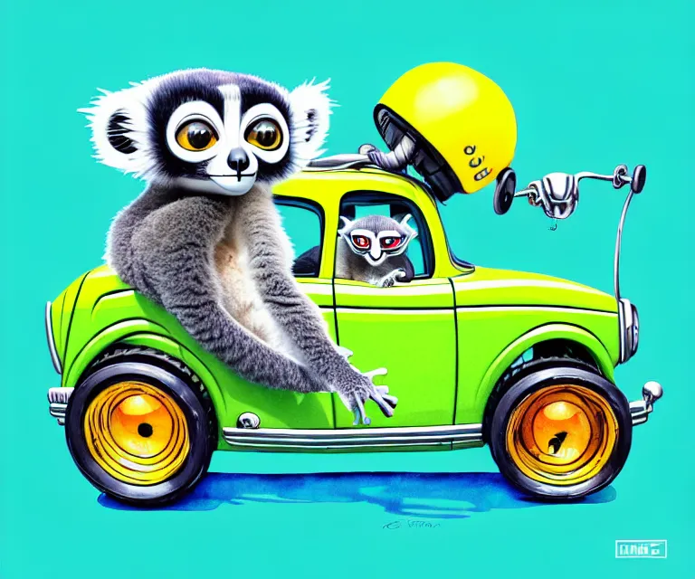 Prompt: cute and funny, lemur wearing a helmet riding in a tiny hot rod with oversized engine, ratfink style by ed roth, centered award winning watercolor pen illustration, isometric illustration by chihiro iwasaki, edited by beeple, tiny details by artgerm, symmetrically isometrically centered