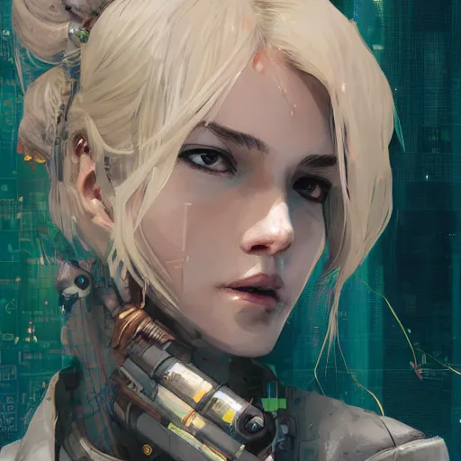 Prompt: highly detailed portrait of a young post-cyberpunk lady with wavy blonde hair, by Dustin Nguyen, Akihiko Yoshida, Greg Tocchini, Greg Rutkowski, Cliff Chiang, 4k resolution, nier:automata inspired, bravely default inspired, vibrant but dreary retrowave glitchpunk color scheme!!! ((Graffiti wall background))