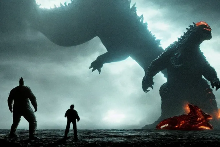 Prompt: two godzillas!!! sitting in the living room!!! couch!!! playing playstation in the couch, sitting with playstation controllers, playing videgames, in the living room, cinematic, epic lighting, still shot from the new godzilla movie