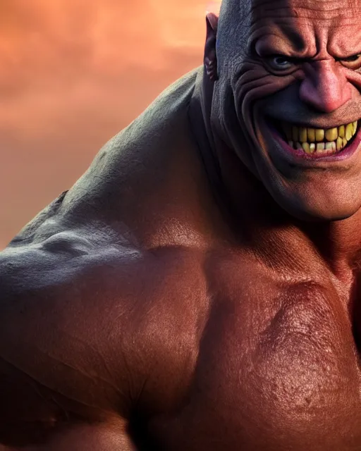 Image similar to an epic dramatic portrait of dwayne johnson as the maxx, very low angle, detailed face, smiling like a jerk, epic art, trending on artstation, deviantart, high detail, high definiton, ultra realistic, hyper realistic, photo realistic, 4 k uhd