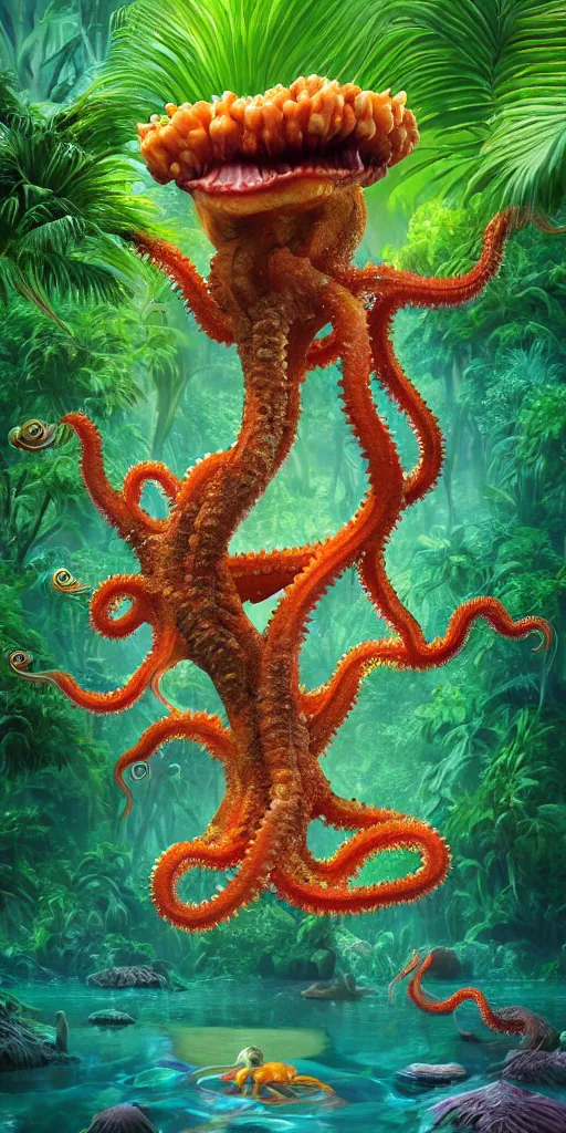 Image similar to of a tropical rainforest lake with strange cute friendly happy creatures with huge eyes, mouth, long tongue, round teeth and tentacles appearing from sandy coral, in the style of gehry and gaudi, macro lens, shallow depth of field, ultra detailed, digital painting, trending artstation, concept art, illustration, cinematic lighting, photorealism, epic, octane render