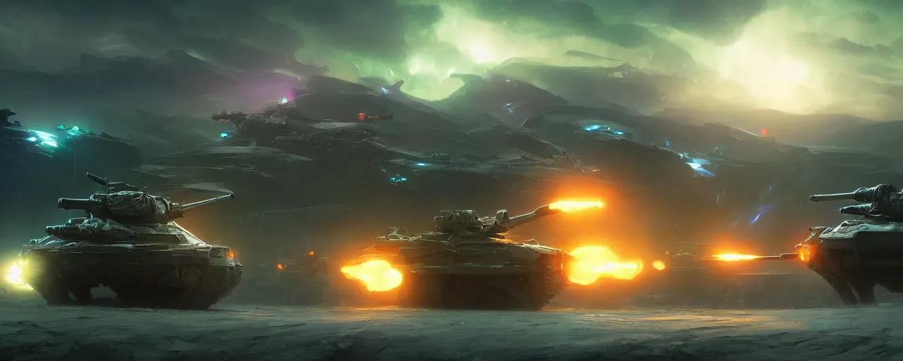 Image similar to tank the battlefield, epic scene, volumetric lighting futuristic, intricate, highly detailed, digital painting, artstation, concept art, cinematic, smooth, sharp focus, illustration, aurora borealis, unreal engine 5, 8 k, art by artgerm and greg rutkowski and alphonse mucha