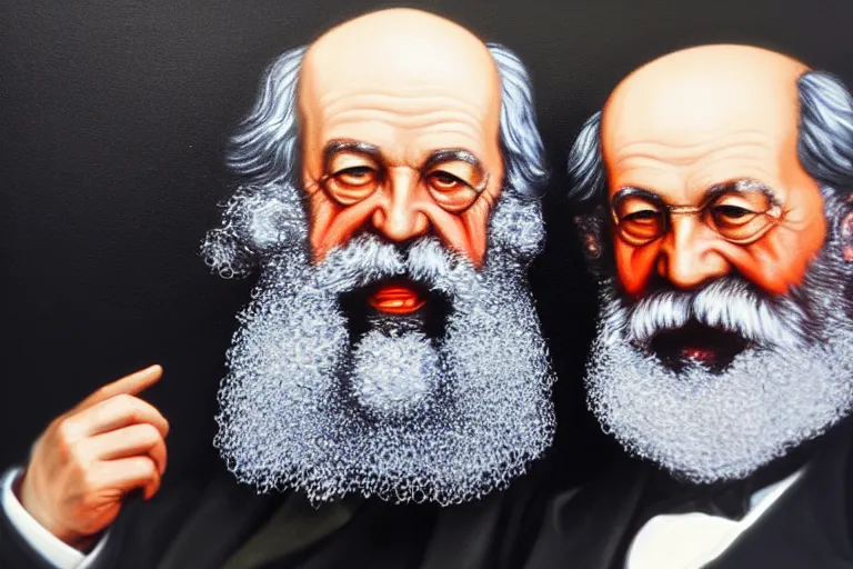 Image similar to ( ( a beautiful 8 k photorealistic masterpiece oil - painting ) ( close up ) and ( zoom out ) ( of ( karl marx and sigmund freud hugging ) ( in funny clothes ( both giggling and having fun ) ) ) ( hyperrealism ) ( 1 6 k ) ( trending on artstation )