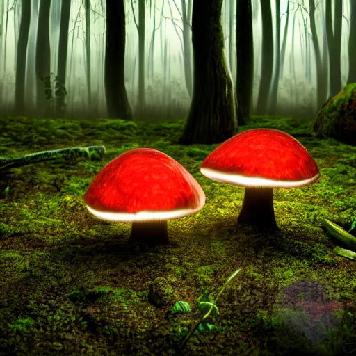 Prompt: glowing mushrooms in magical forrest, dark atmosphere, soft lighting, high detail, 8 k