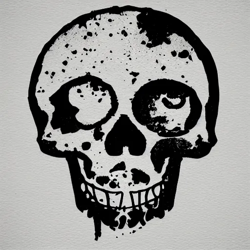 Image similar to photo of a letter S on a white background with ink splatter forming a skull