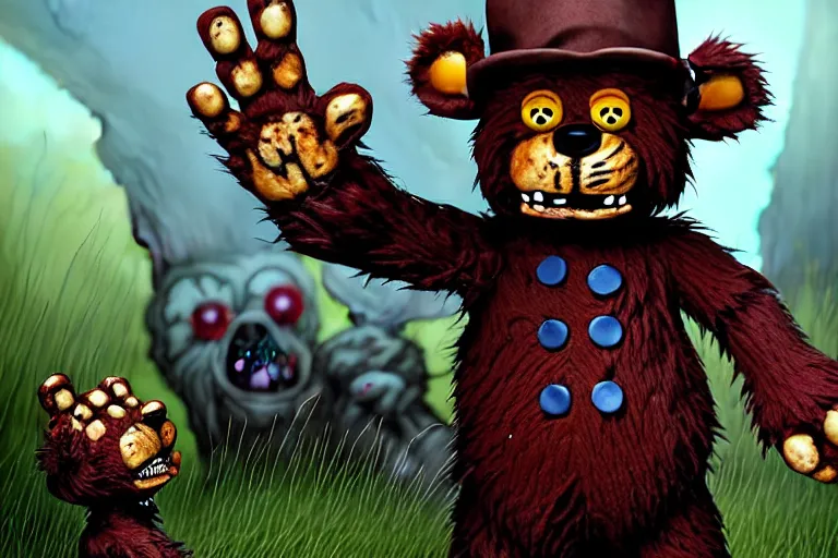 Prompt: high resolution 4 k face of freddy fazbear gore, blood, furry bears horror made in abyss design bizarre design body a field of cool colors shading war bloody war wounded country bears rock afire explosion billy bob made in abyss body horror bears fluffy cute deformed black skydave sim rosewood art in the style of akihito tsukushi and jim henson - h 5 7 6