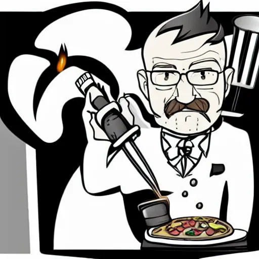 Image similar to black and white pencil sketch cartoon drawing of walter white cooking a pizza with a blowtorch