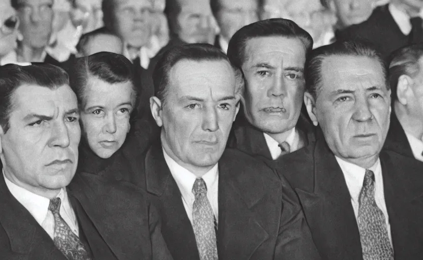 Image similar to 50s movie still close-up portrait of three individual elder soviet marshal with very diverses faces in a stalinist style hall, by Irving Penn, Cinestill 800t 50mm black and white, heavy grainy picture, very detailed, high quality, 4k, HD criterion, precise texture, facial precision, diverse haircuts, diverse ages, each faces precisely define