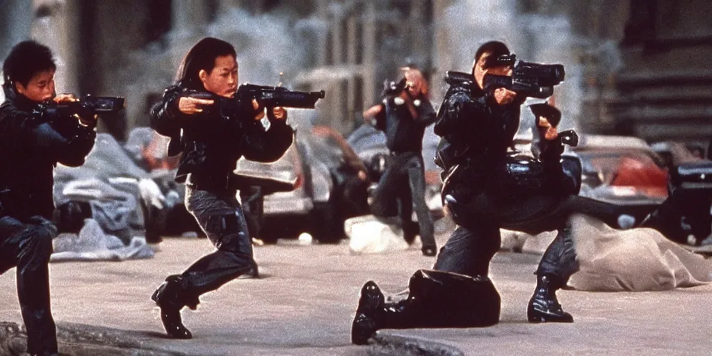 Prompt: [ john woo film ] 1 9 9 0, vhs, movie stills, action scenes, real life, spotted, ultra realistic, accurate, 4 k, movie still, clarity, sharp, detailed, cinematic render, epic scene splash art
