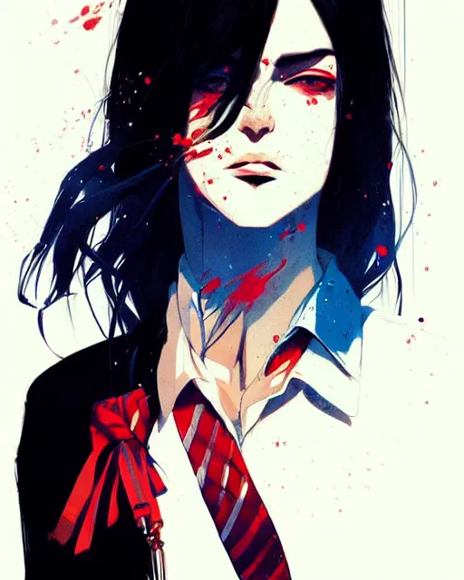 Prompt: a ultradetailed beautiful panting of a stylish woman wearing a shirt with a tie, she has black hair, by conrad roset, greg rutkowski and makoto shinkai, trending on artstation