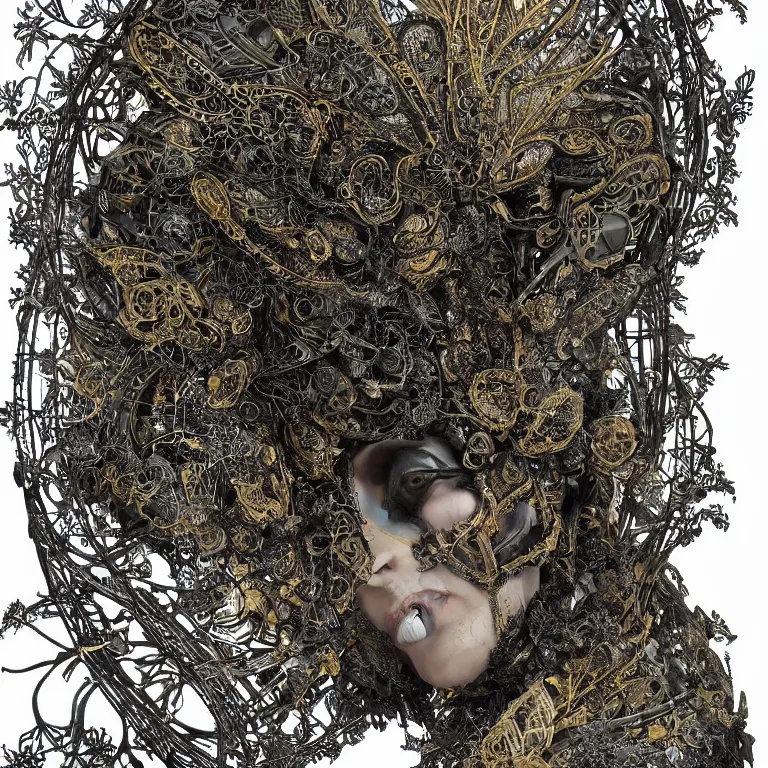 Image similar to dark scene, ultra detailed, of a large metal gothic helmet, biomechanical cyborg. big leaves and large Dragonflies, stems, roots, fine foliage lace, turquoise gold details, high fashion haute couture, art nouveau fashion embroidered, intricate details, mesh wire, mandelbrot fractal, anatomical, facial muscles, cable wires, elegant, hyper realistic, dark flower pattern wallpaper, ultra detailed