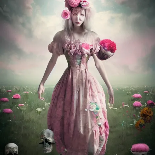 Image similar to 8 k, octane render, realism, tonalism, renaissance, rococo, baroque, cotton candy, creepy young lady wearing long harajuku manga dress with flowers and skulls ( background chaotic flowers )