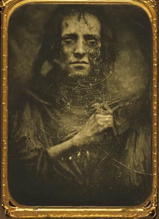 Prompt: old wetplate daguerreotype portrait of the necromancer, explosion of data fragments, fractal, intricate, elegant, highly detailed, parallax, leica, medium format, subsurface scattering, by jheronimus bosch and greg rutkowski and louis jacques mande daguerre