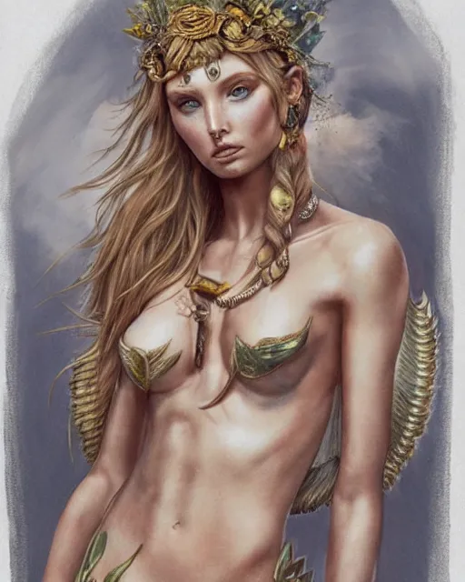 Prompt: realism tattoo sketch of elsa hosk as a beautiful greek goddess aphrodite with piercing eyes wearing a laurel wreath and triangle earrings, in the style of greg rutkowski, amazing detail