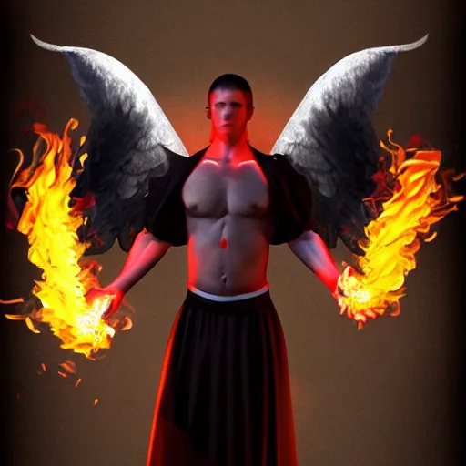 Image similar to fire-eating angel at top of the Mountain. Muscular covered with black toga. High resolution. Digital art. Einar Jonsson. Artstation.