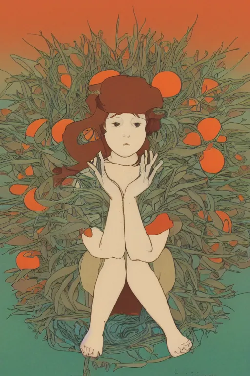 Image similar to a Girl in a sitting on the ground and Hands on knees and Slices of orange and microphones float around her ,Visual Communication Design by studio ghibli and mucha ,Refreshing colour