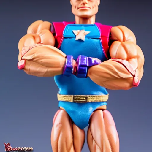 Image similar to combination of barbie and he - man, muscular girl toy, action figure, powerful muscles, detailed joints, toy photography