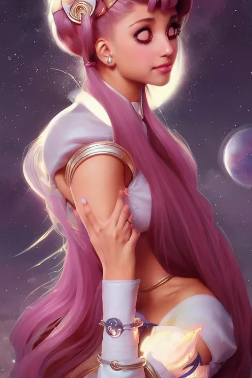 Image similar to ariana grande as sailor moon, fantasy, intricate, elegant, highly detailed, digital painting, artstation, concept art, matte, sharp focus, illustration, art by Artgerm and Greg Rutkowski and Alphonse Mucha