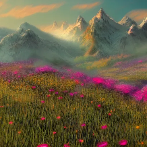 Prompt: field of flowers sun day mountains artstation unreal ingine