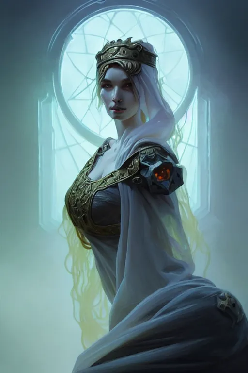 Image similar to alexey gurylev, ghostly ghost, mysterious, deep focus, d & d, fantasy, complex, elegant, highly detailed, digital painting, artstation, concept art, matte, clear focus, illustration, hearthstone, artgerm art, greg rutkovsky and alphonse mucha