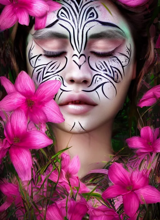 Prompt: a beautiful portrait of a beautiful woman with eyes closed in the jungle surrounded by pink flowers, tribal face paintings, matte painting, fantasy art