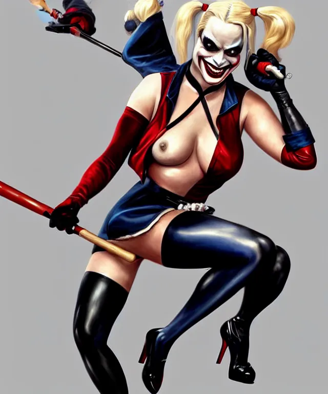 Image similar to Caricature of Margot Robbie as Harley Quinn, fully dressed. Full bodied pose, with baseball bat, highly detailed, digital painting, artstation, concept art, smooth, sharp focus, illustration, art by artgerm and greg rutkowski and alphonse mucha