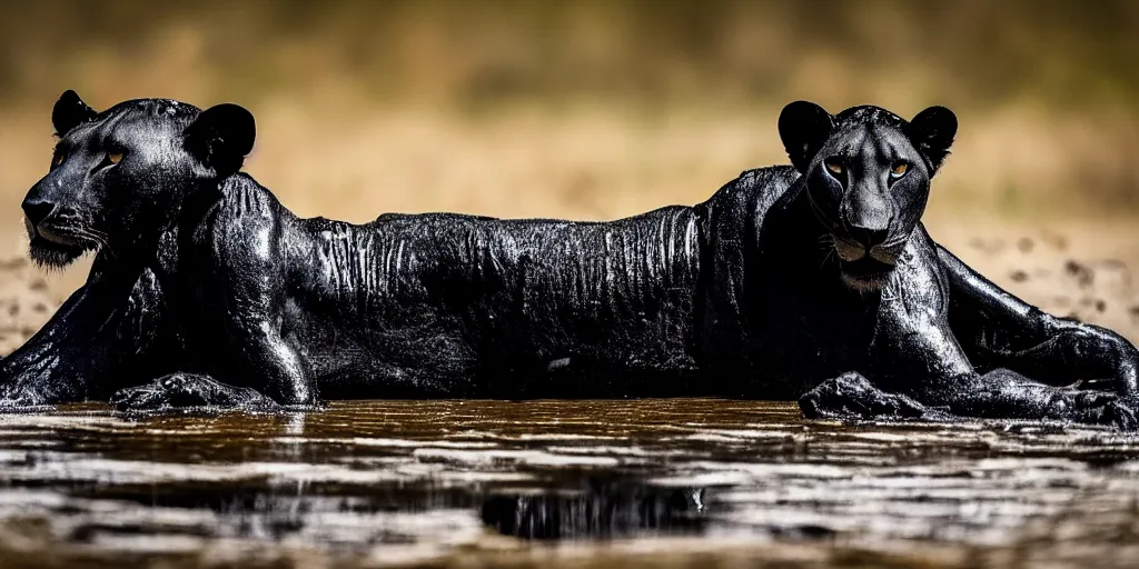 Image similar to a black lioness, made of smooth black goo, bathing inside the lake of black goo, viscous, sticky, full of tar, covered with black goo. dslr, photography, realism, animal photography, color, savanna, wildlife photography, black goo