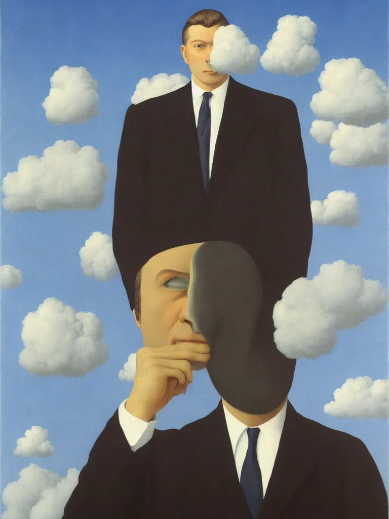 Prompt: portrait of man in a suit that has cloud instead of head by rene magritte, detailed painting, hd, hq, high resolution, high detail, 4 k, 8 k