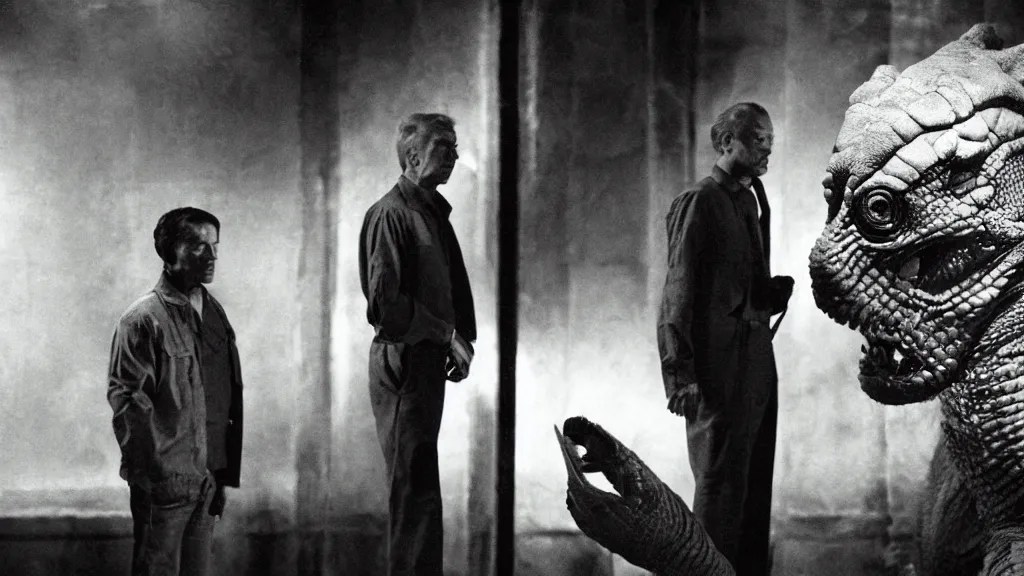 Image similar to a man talking to a reptilian humanoid, reptile, reptilian, movie still, cinematic composition, cinematic light, criterion collection, reimagined by industrial light and magic, Movie by David Lynch and Ridley Scott