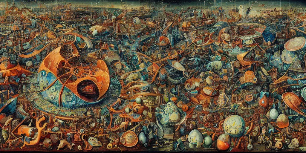 Image similar to biological valve body megastructure in the style of heironymus bosch, intricate colorful masterpiece, hyper detailed, hd