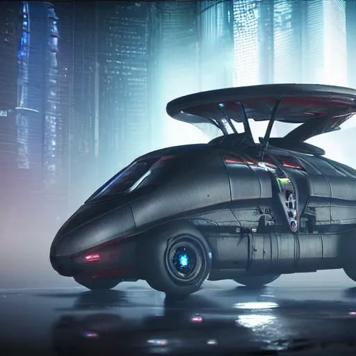 Prompt: cyberpunk alien concept of the a - team van flying trough the sky, futuristic look, highly detailed body, very powerful, photorealistic camera shot, crisp quality and light reflections, unreal engine 5 quality render