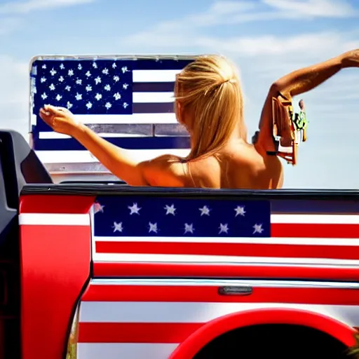Image similar to photo of woman in the back of a pickup truck wearing bikinis drinking beer waving the american flag.