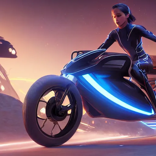 Prompt: tron legacy cycles racing in game by artgerm and greg rutkowski and alphonse mucha, zaha hadid, an epic fantasy, volumetric light, detailed, octane render, midsommar