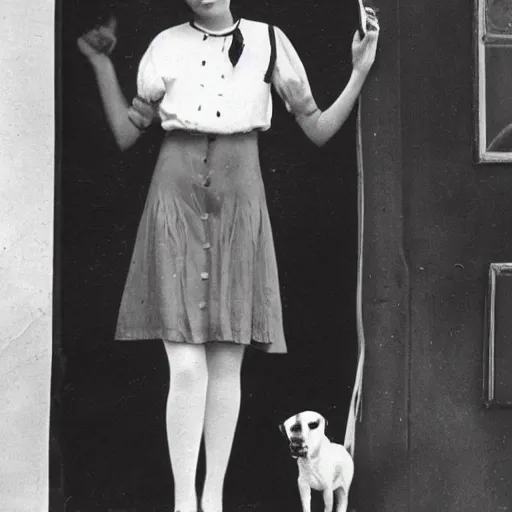 Prompt: a vintage snapshot from the 1 9 2 0 s shows a lady with her dog, a jack russell terrier, outside an open window. she wears a fancy white shirt with a big bowtie, along with a dark - colored skirt. she wore her wristwatch over the cuff of her blouse in the manner of gianni agnelli.