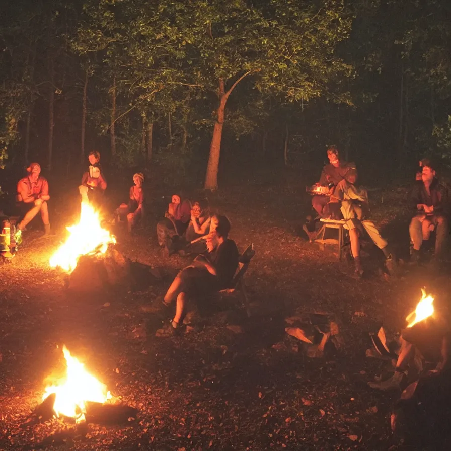 Image similar to a nice evening around the camp fire, friends are drinking and laughing, there is a monster behind the tree