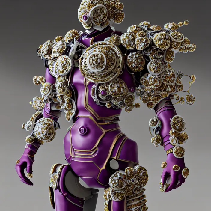 Image similar to ceramic cyborg, Kakiemon design armor with plums and stylized flowers in glaze and gilding, diffuse lighting, fantasy, intricate, elegant, highly detailed, lifelike, photorealistic, digital painting, artstation, illustration, concept art, smooth, sharp focus, art by John Collier and Albert Aublet and Krenz Cushart and Artem Demura and Alphonse Mucha