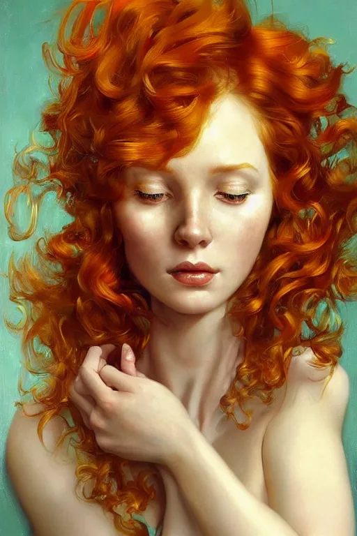 Image similar to hyper realistic painting portrait of a redhead girl with flowing curls and closed eyes, her skin is like gold and turquoise background, hyper detailed face by stjepan sejic, norman rockwell, michael hussar, roberto ferri and ruan jia