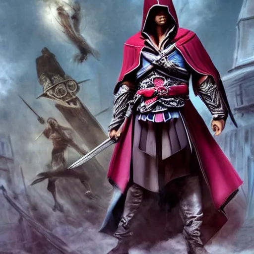 Prompt: Ezio Auditore with pink phaloimitator instead of sword