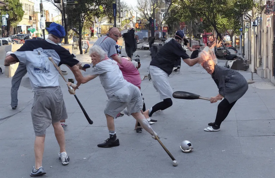 Image similar to jerma hitting a grandma with an aluminum baseball bat on the sidewalk