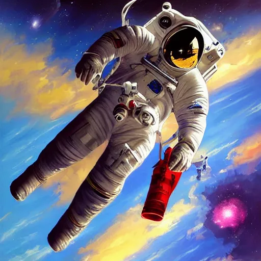 Prompt: astronaut space walking by tyler edlin, bold colors