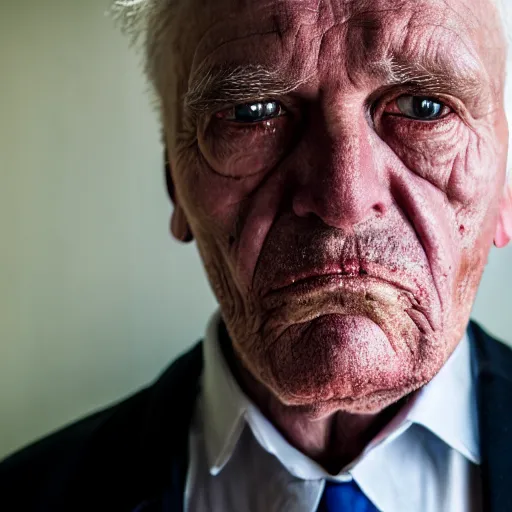 Image similar to photograph of old man wearing suit, sinister, dark circles under eyes, overweight, sagging skin, caucasian, hair becoming gray, sigma 85mm f/1.4, 4k, depth of field, high resolution, 4k, 8k, hd, full color