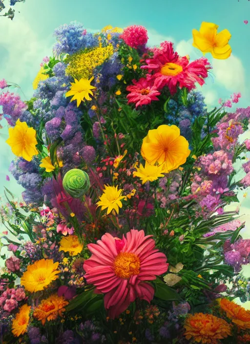 Image similar to An epic fantastic realism comic book style painting of the most beautiful flowers launched into space, bouquets, fisheye lens, unreal 5, DAZ, hyperrealistic, octane render, dynamic lighting