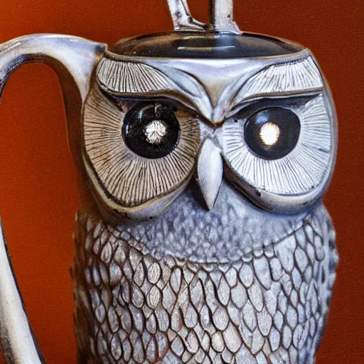 Prompt: still life photograph of an owl kettle, glazed ceramic, tilt shift, very beautiful, global illumination, intricate linework