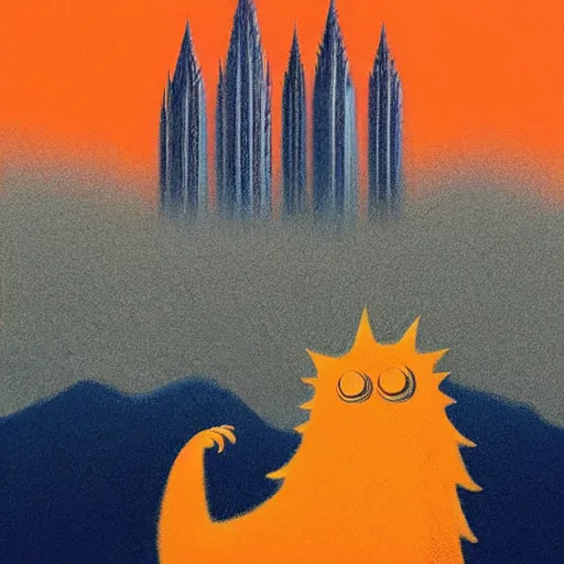 Image similar to funereal, lush by quint buchholz, by guido crepax. a beautiful painting of a large, orange monster looming over a cityscape. the monster has several eyes & mouths, & its body is covered in spikes. it seems to be coming towards the viewer, who is looking up at it in fear.